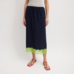 TIBI The Slip Skirt NWT Midnight Blue w/ Bright Lime Green Lace size L